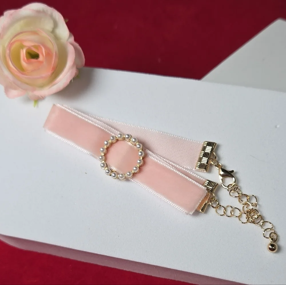 Pink Velvet Pearl Choker Necklace Romantic Coquette Feminine Soft Glam Summer